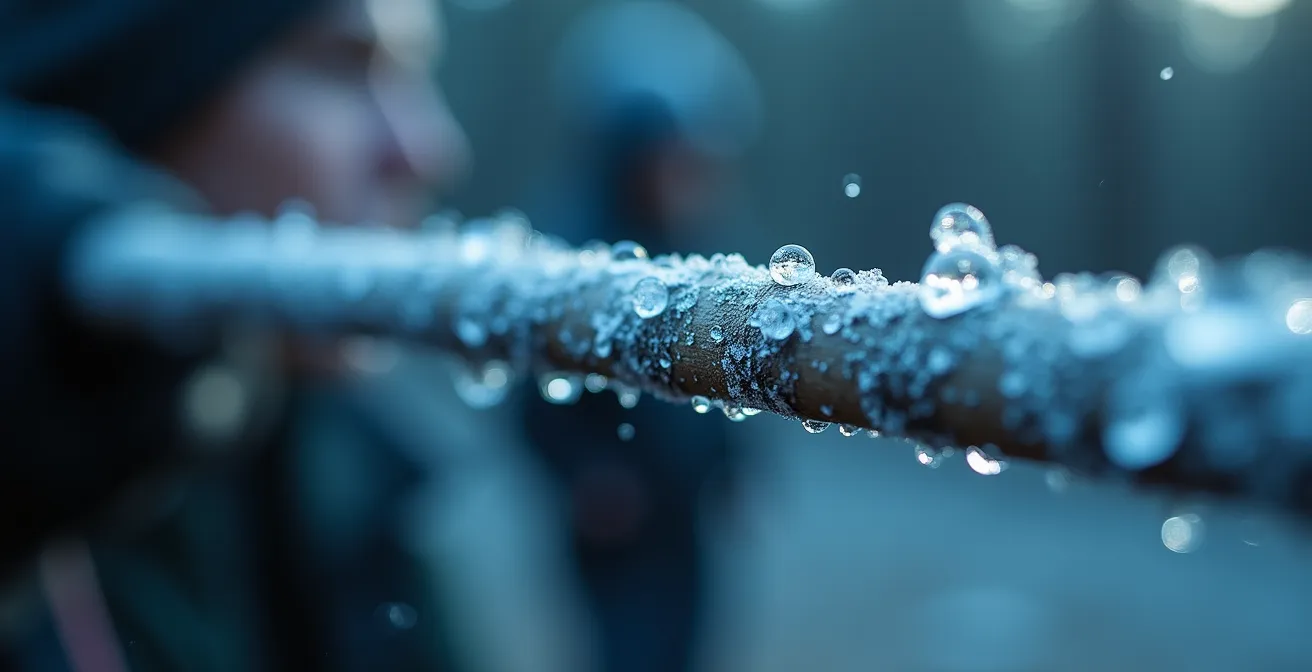 Gros plan macroscopique sur une corde d'arc sous forte tension avec cristaux de givrage symbolisant l'énergie, contre-jour dramatique