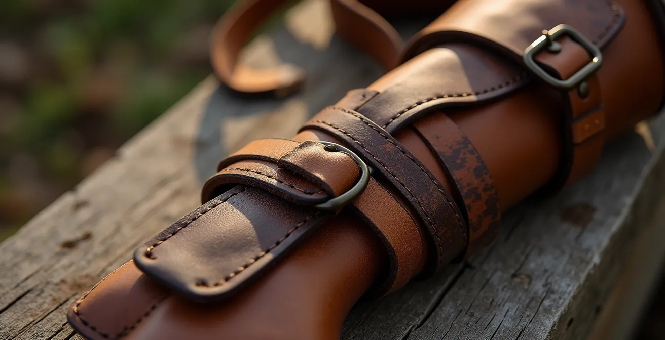 Détail rapproché d'un protège-bras en cuir avec système d'attache élastique, montrant la texture et la qualité du matériau