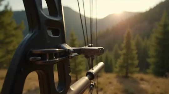 Vue détaillée d'un repose-flèche de haute qualité montré sur un arc de chasse moderne avec flèche en carbone