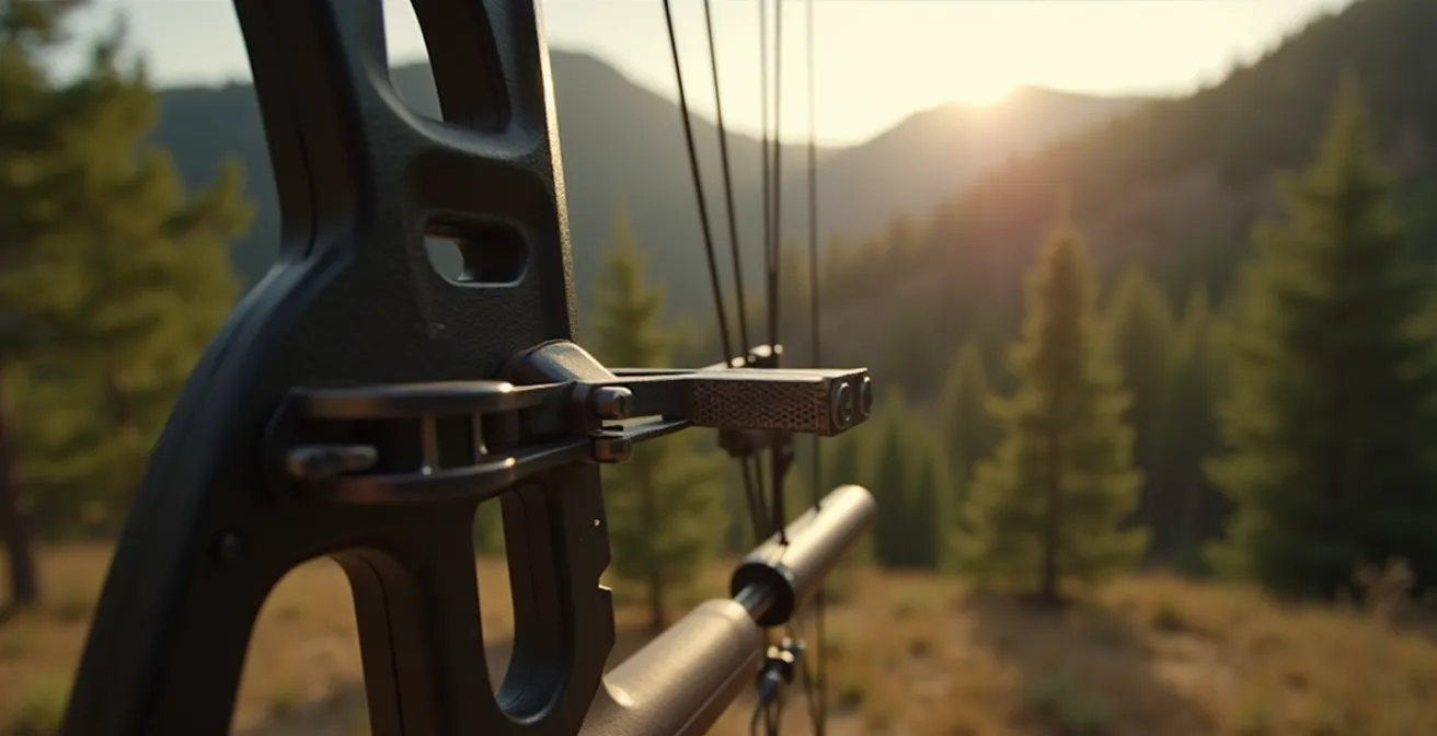 Vue détaillée d'un repose-flèche de haute qualité montré sur un arc de chasse moderne avec flèche en carbone