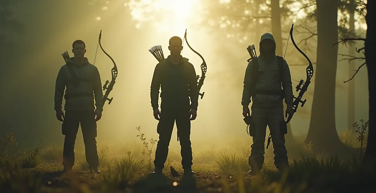 Silhouette d'un archer en trois positions montrant les zones critiques exposées : visage, mains, et arc métallique brillant, avec solutions de camouflage appliquées.