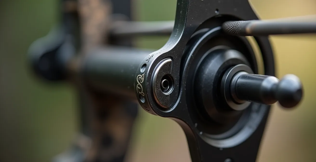 Gros plan sur les poulies d'un arc à poulies avec marquage d'alignement, montrant la synchronisation des cames lors d'un test d'ajustement