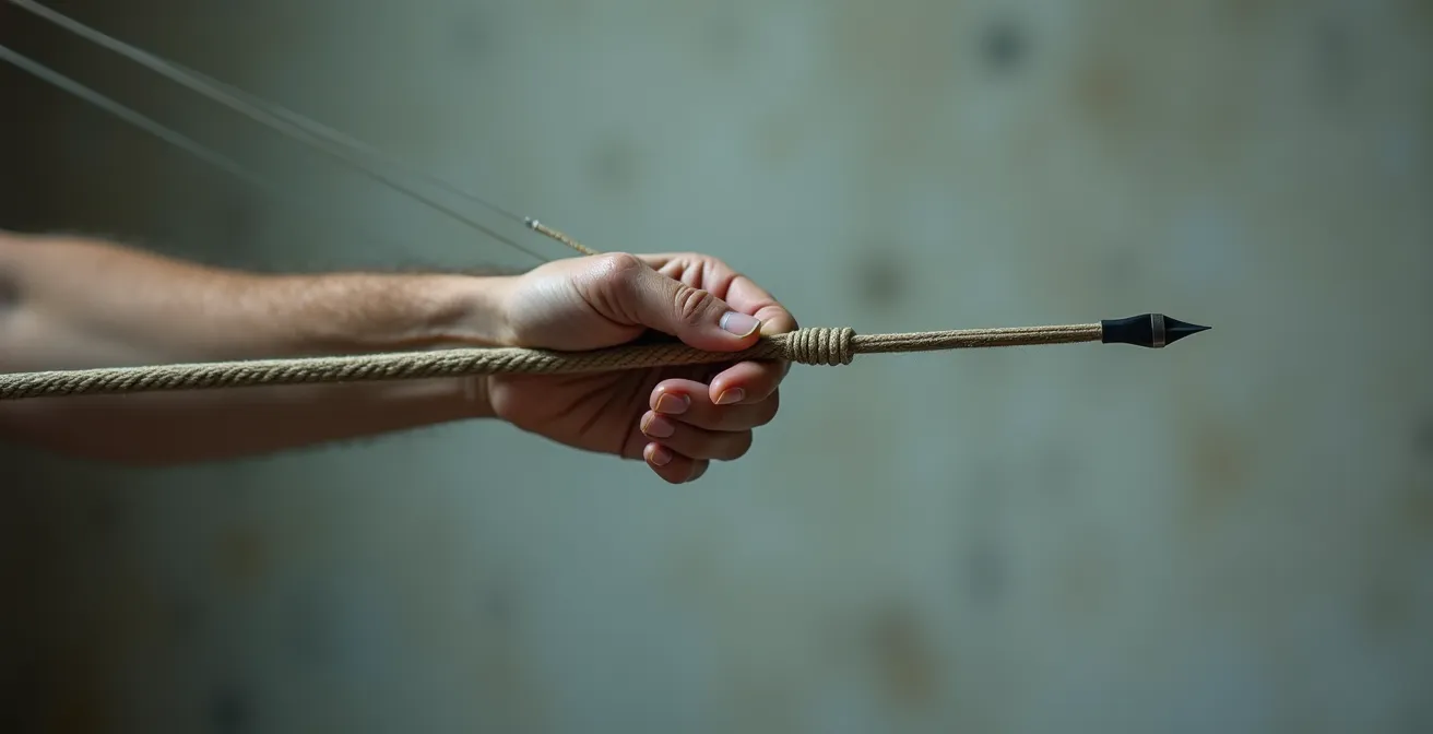 Diagramme technique montrant l'interaction critique entre le repose-flèche, le point d'encochage et la corde pour un vol de flèche optimal