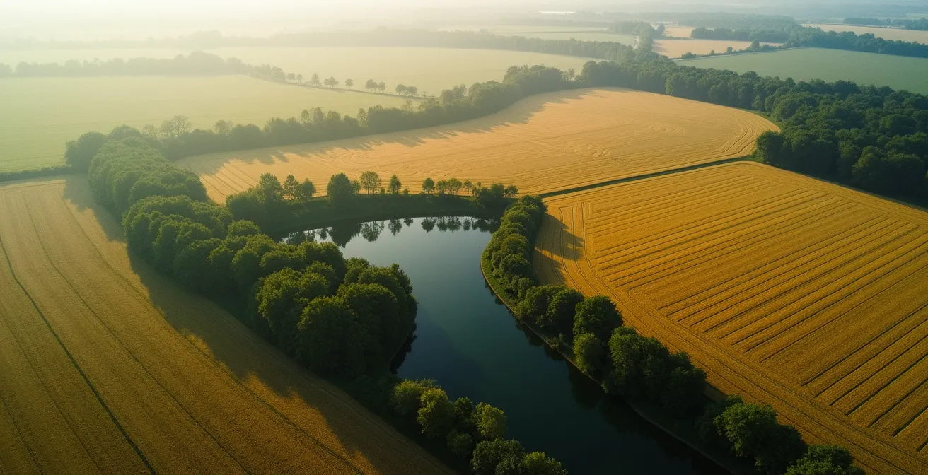 Schéma du triangle de vie du chevreuil montrant remise, champ alimentaire et point d'eau dans un paysage de Beauce