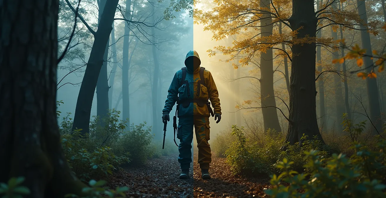 Comparaison visuelle côte à côte montrant comment un motif de feuilles de chêne apparaît comme une masse sombre uniforme aux yeux d'un cerf en vision dichromatique, contre un motif à larges éléments qui brise efficacement la silhouette humaine.