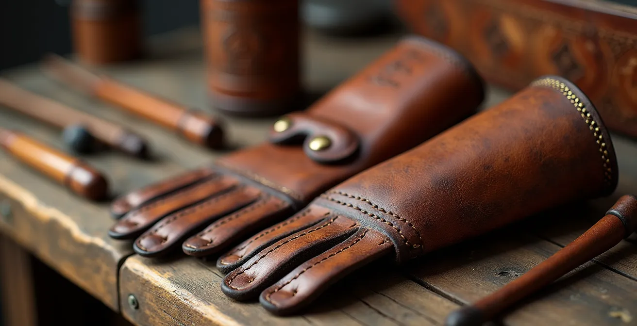 Nature morte d'accessoires d'archerie traditionnelle en cuir artisanal sur établi