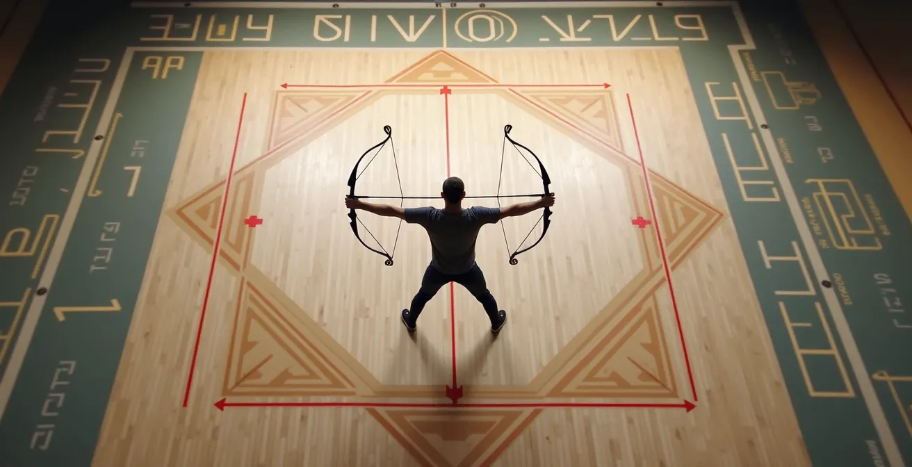 Archer en position d'alignement parfait formant un T avec ses bras et épaules