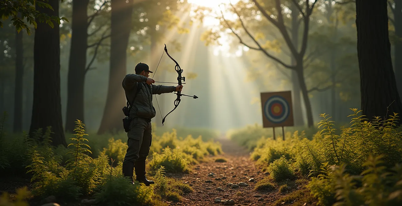 Archer en plein tir lors d'un parcours nature en forêt française