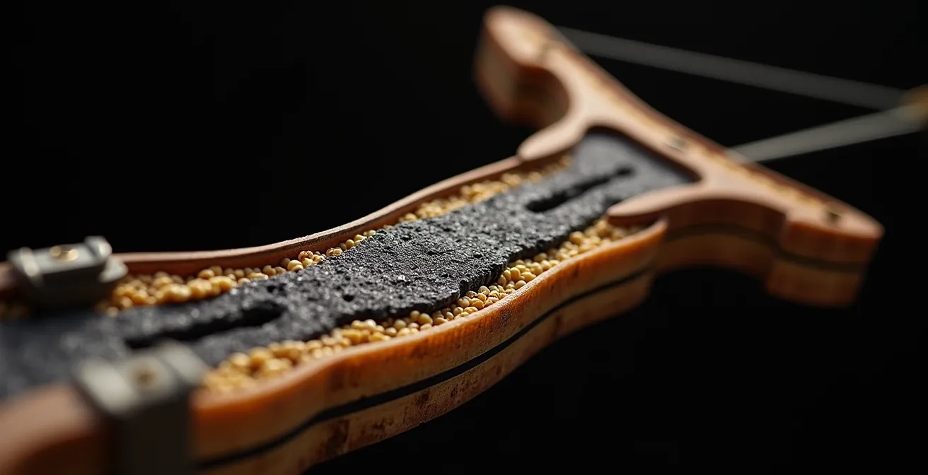 Coupe transversale macroscopique d'une branche d'arc hybride montrant les couches de bambou et carbone