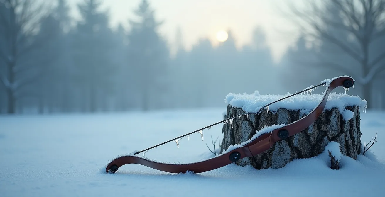 Arc recurve posé sur un support naturel avec givre visible sur les branches dans un environnement hivernal