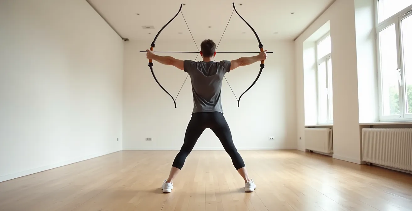 Archer s'entraînant avec un élastique d'entraînement dans un environnement minimaliste