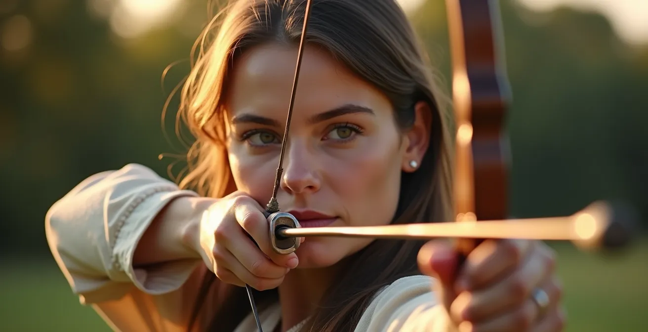 Archer français pratiquant la décoche au pouce avec un anneau traditionnel en corne