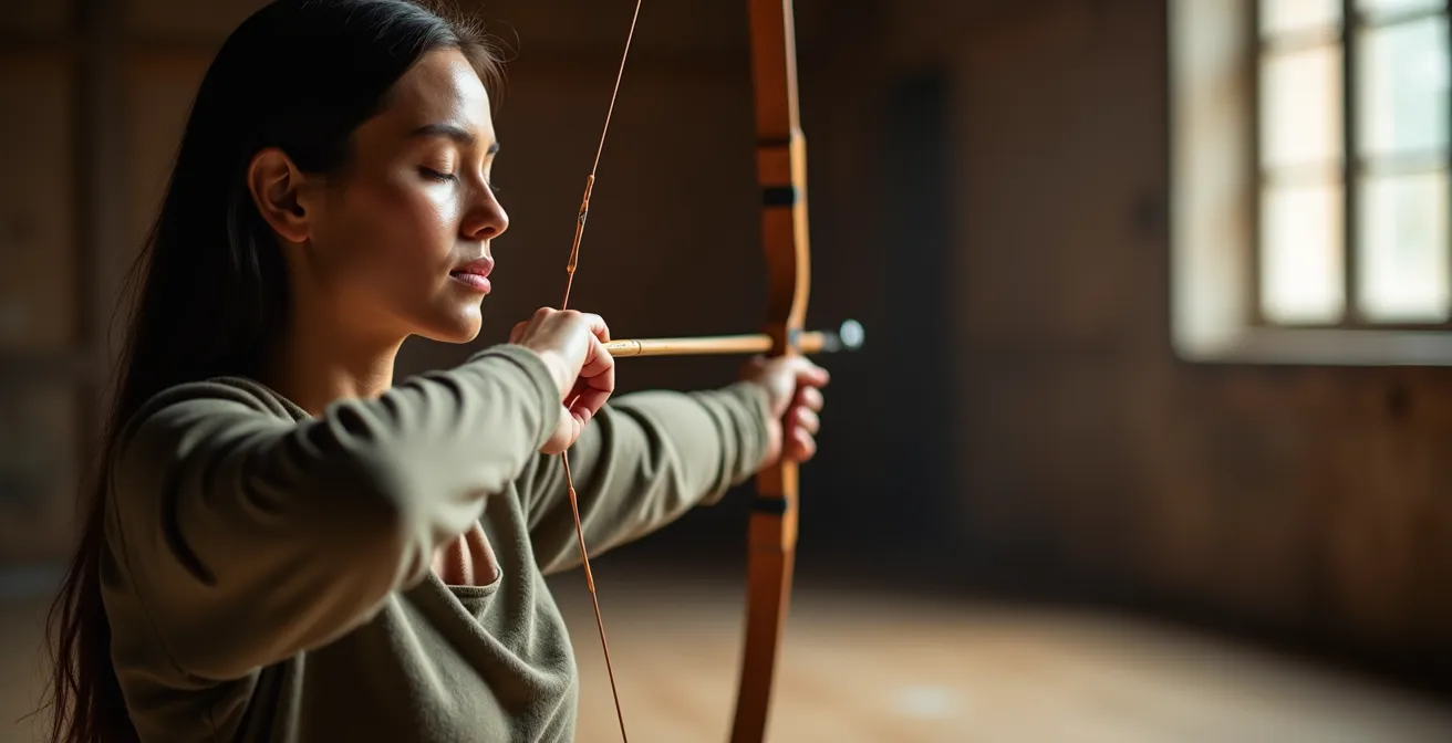 Archer en position de tir méditatif, focus sur la posture et l'ancrage