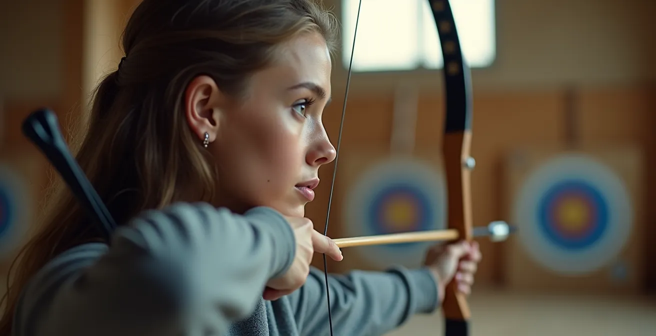Archer en position de tir montrant l'alignement parfait du bras d'arc avec le protège-bras visible, dans un environnement de club FFTA
