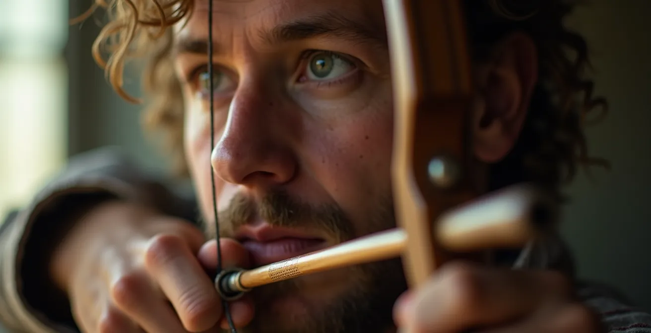 Gros plan sur l'ancrage méditerranéen d'un archer avec arc traditionnel en bois