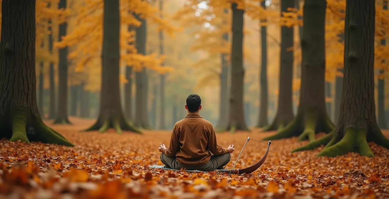 Archer en posture méditative dans une clairière automnale, arc posé à ses côtés