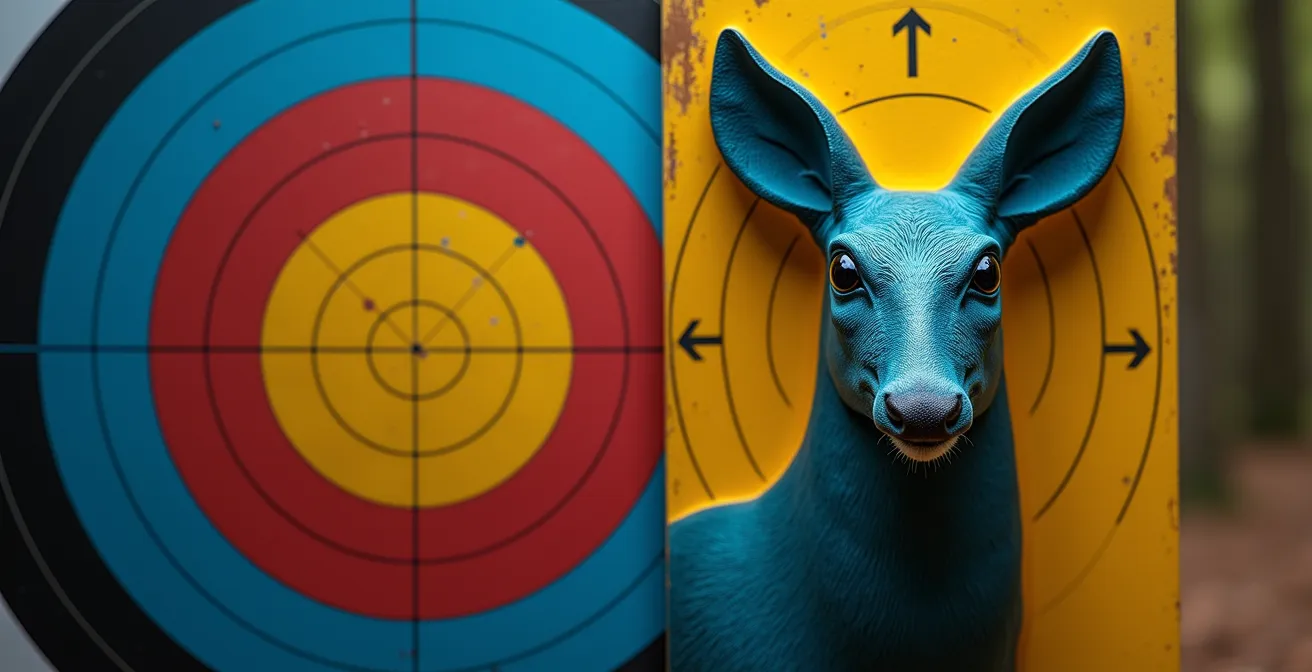 Comparaison visuelle entre un blason field circulaire jaune et noir et un blason hunter animalier