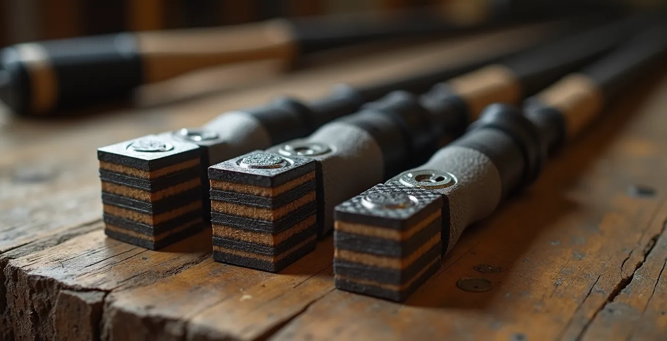 Branches d'arc take down ILF de différentes puissances alignées sur un support en bois, montrant la progression possible.