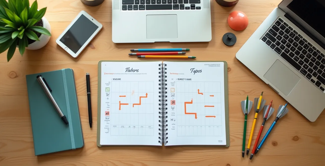 Vue aérienne d'un bureau avec calendrier de compétition, équipement d'archer et notes de planification