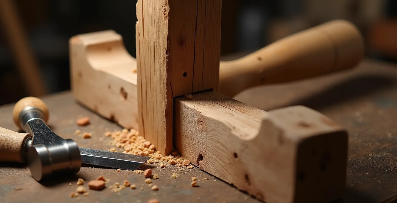 Chevalet tripode en bois massif en cours d'assemblage dans un atelier avec outils traditionnels