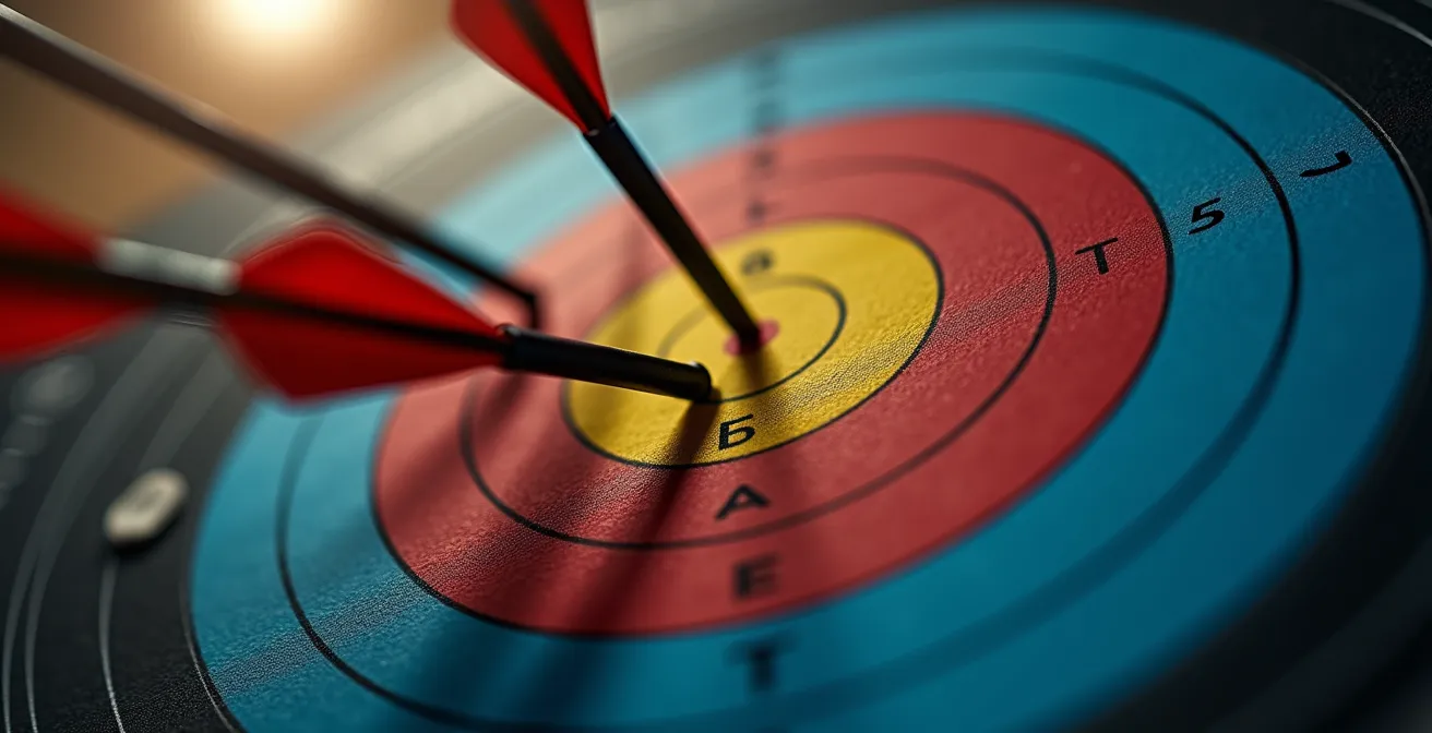 Gros plan macro sur une cible de tir à l'arc avec flèches plantées montrant les différentes zones de score