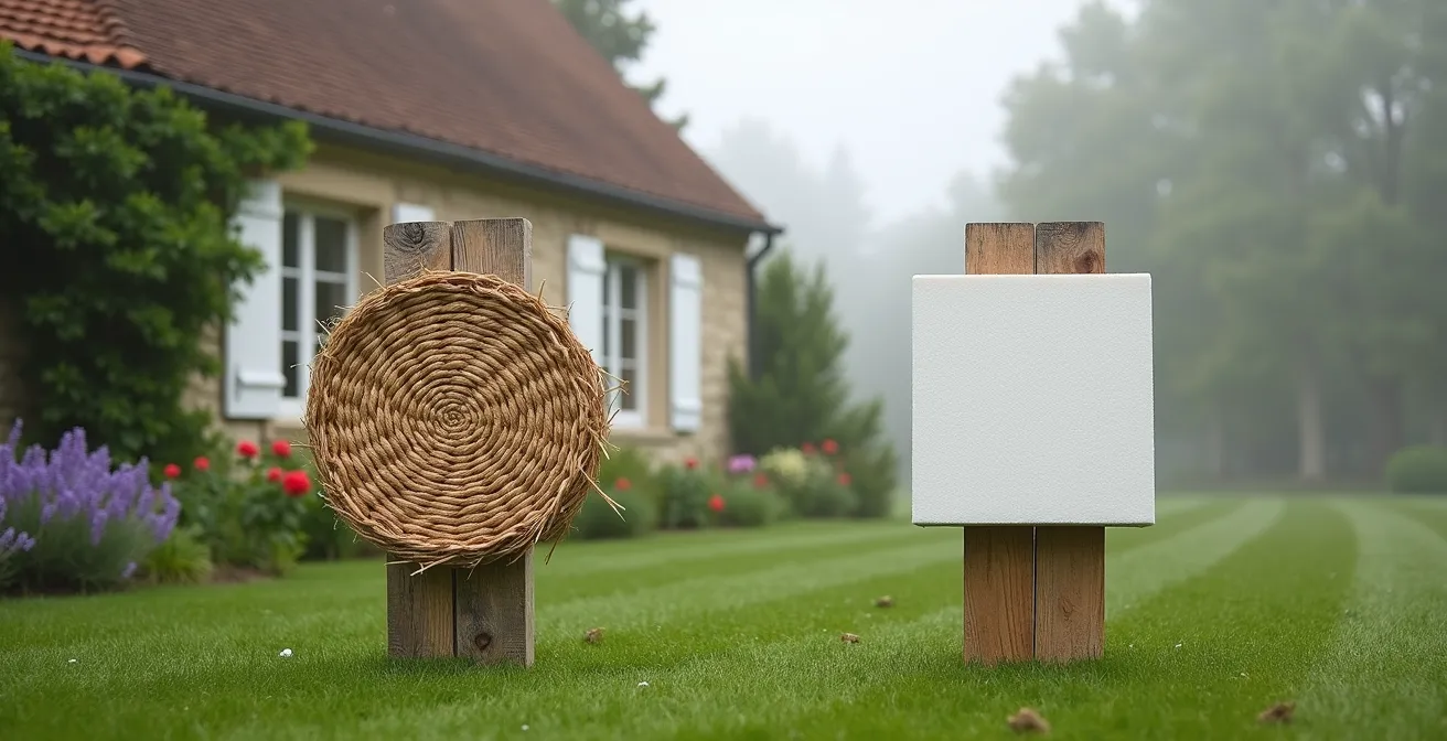Deux cibles côte à côte, paille tressée traditionnelle et mousse moderne, dans un jardin français