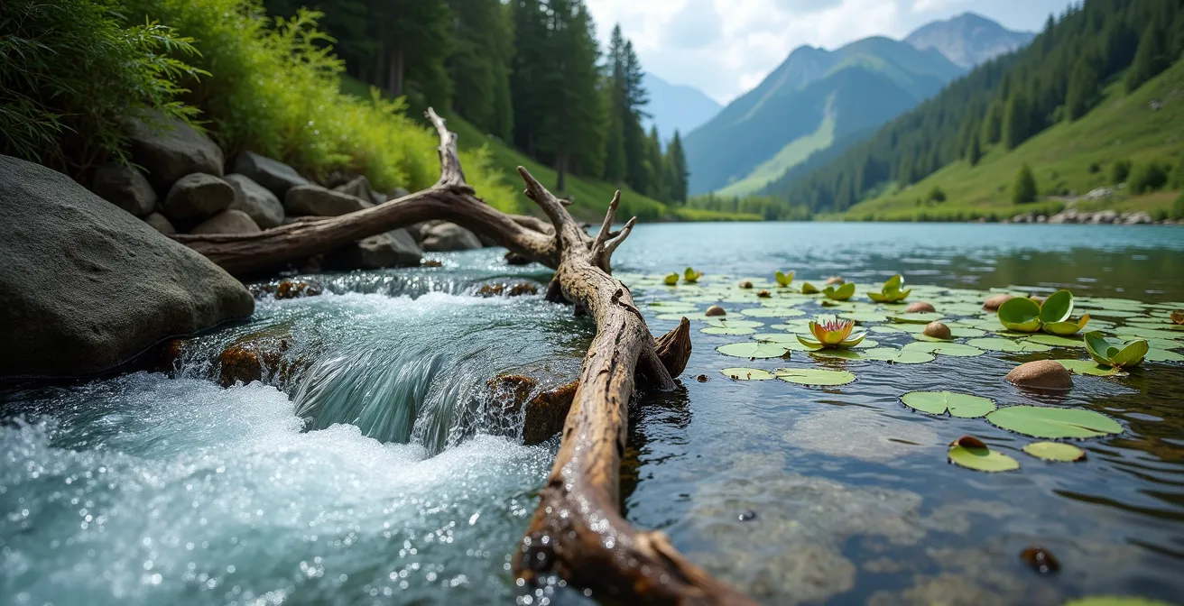 Vue comparative d'une rivière de montagne à truites et d'un lac de plaine