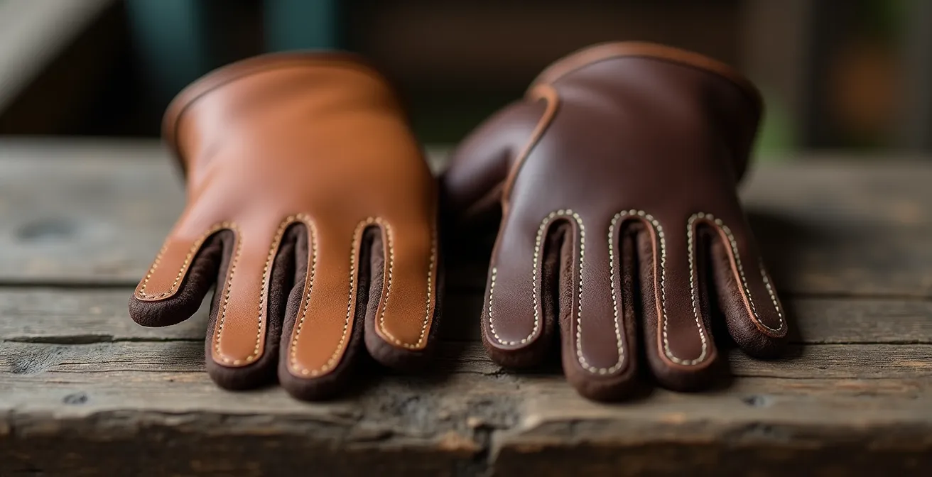 Gros plan sur une main d'archer montrant palette et gantier en cuir avec détails des coutures