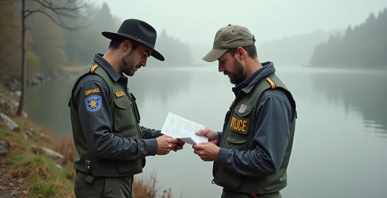 Garde-pêche en uniforme vérifiant les documents d'un pêcheur au bord de l'eau