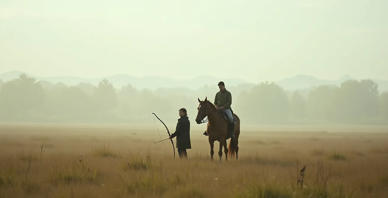 Cavalier travaillant la désensibilisation de son cheval à l'arc dans un environnement calme