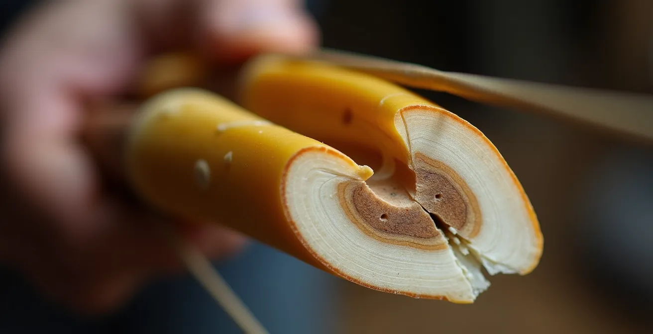 Vue macro détaillée des couches de corne et tendon d'un arc composite traditionnel