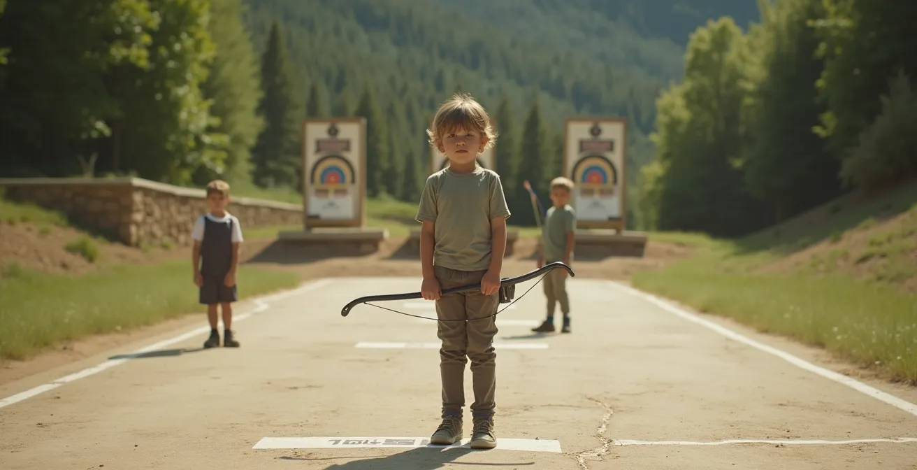 Enfant en position d'attente sécurisée derrière la ligne de tir, arc posé verticalement
