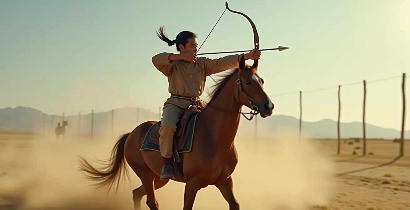 Jeune cavalier mongol s'entraînant au tir à l'arc monté dans les steppes
