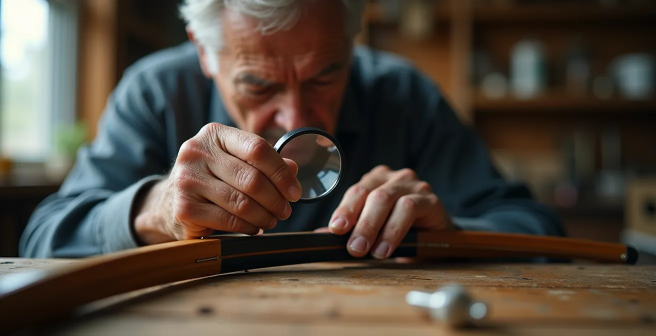 Mains d'artisan inspectant minutieusement la jonction bambou carbone d'un arc avec une loupe