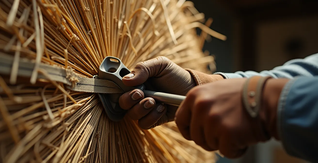 Mains expertes resserrant une cible en paille avec une sangle à cliquet dans un atelier traditionnel