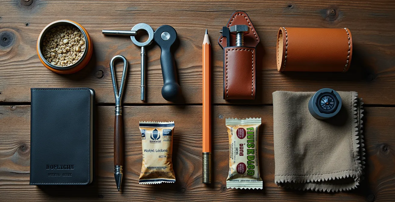 Kit complet d'équipement de tir campagne organisé sur une surface naturelle