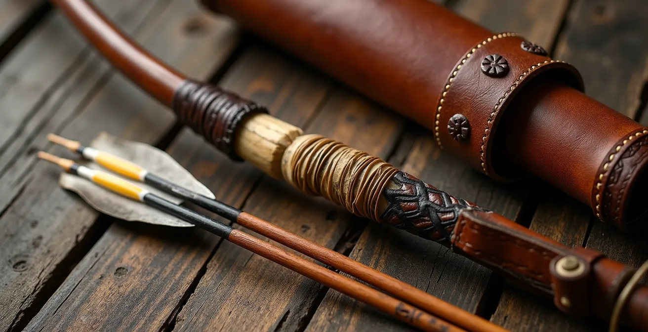 Vue détaillée macro de l'équipement d'archerie équestre montrant arc et carquois en cuir