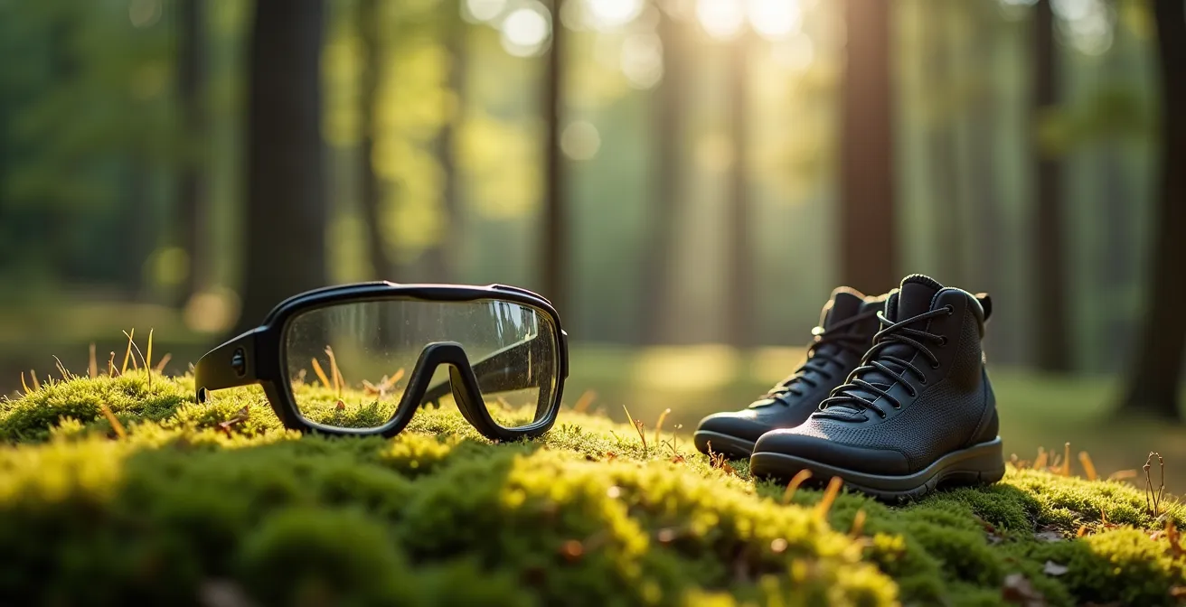 Vue d'ensemble minimaliste d'équipements de protection disposés sur fond naturel