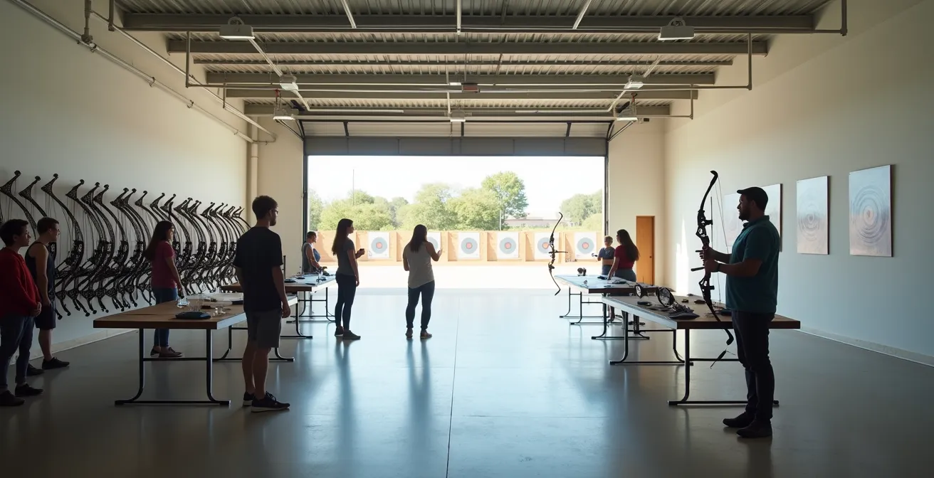 Groupe de débutants découvrant le tir à l'arc lors d'une séance d'initiation en club