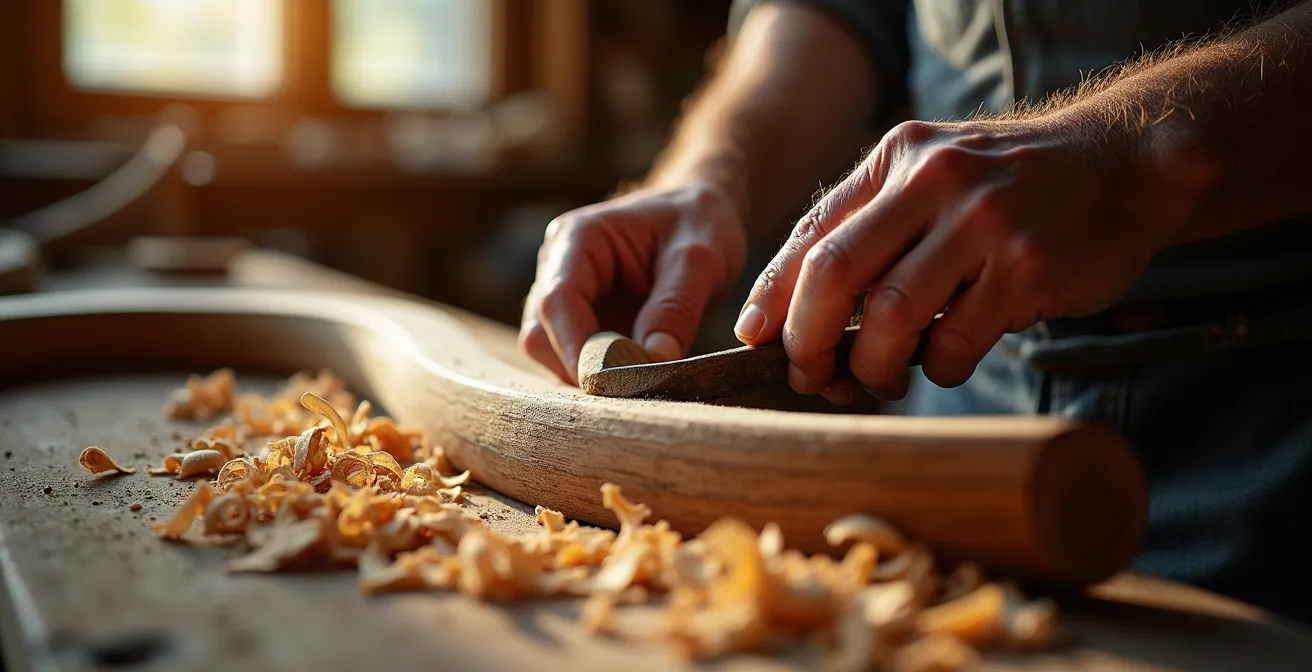 Mains d'artisan travaillant le bois d'if pour façonner un arc traditionnel dans un atelier français