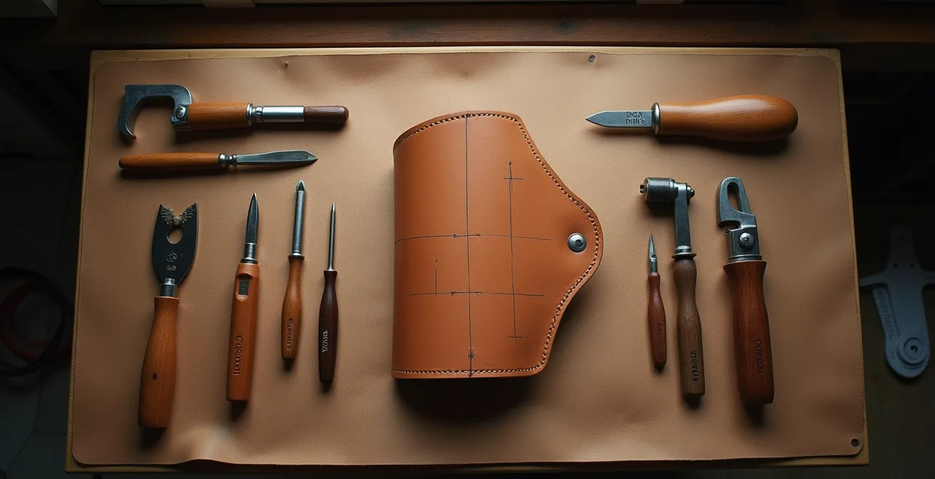 Table d'atelier avec outils de travail du cuir et protège-bras en cours de fabrication montrant la grille de diagnostic tracée