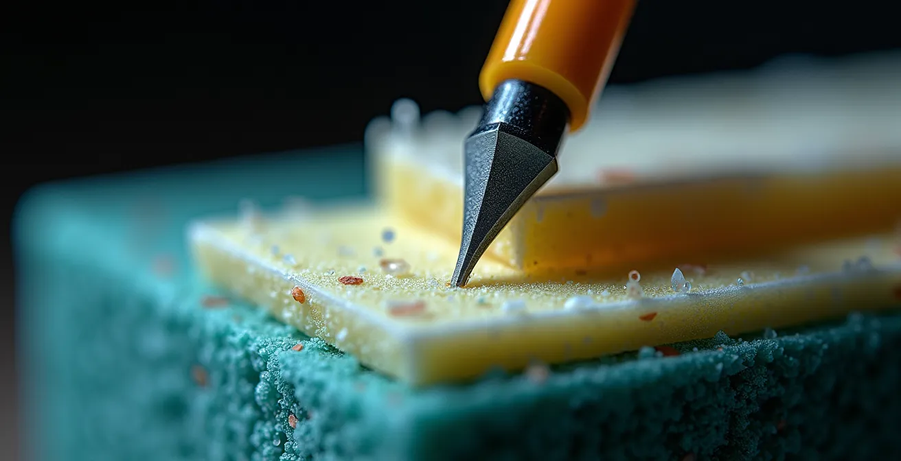 Gros plan macro sur une flèche en carbone pénétrant dans les couches de mousse haute densité