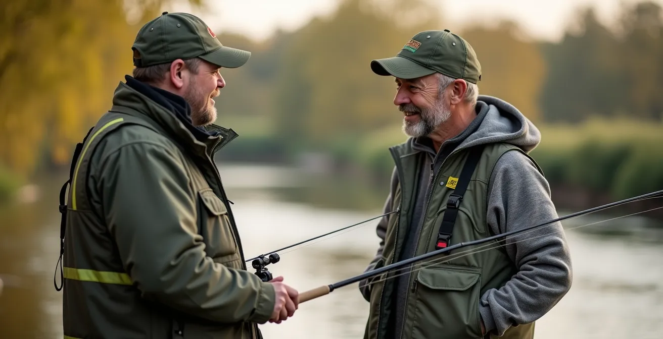 Garde-pêche particulier en tenue officielle au bord d'une rivière française