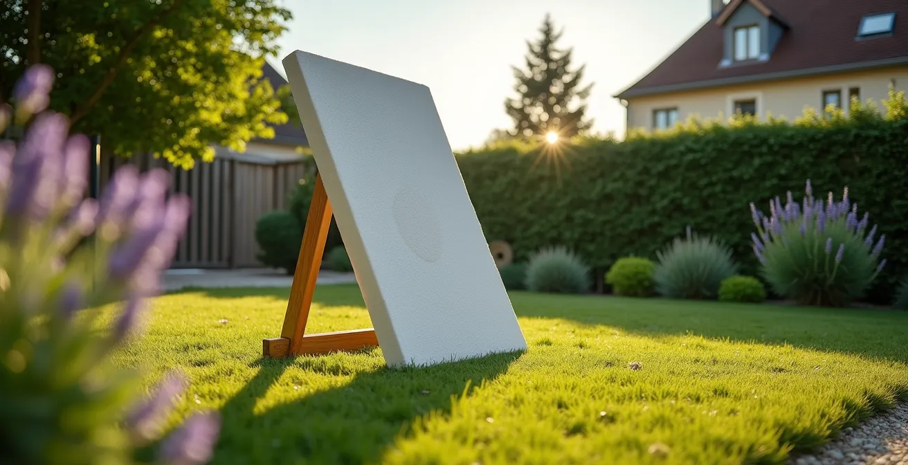 Installation d'une grande cible en mousse dans un jardin français avec vue d'ensemble