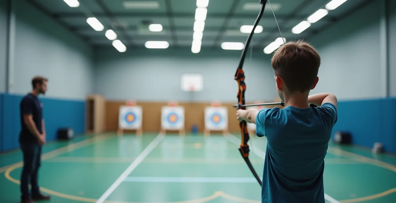 Jeune archer en formation au pôle espoirs avec entraîneur en arrière-plan