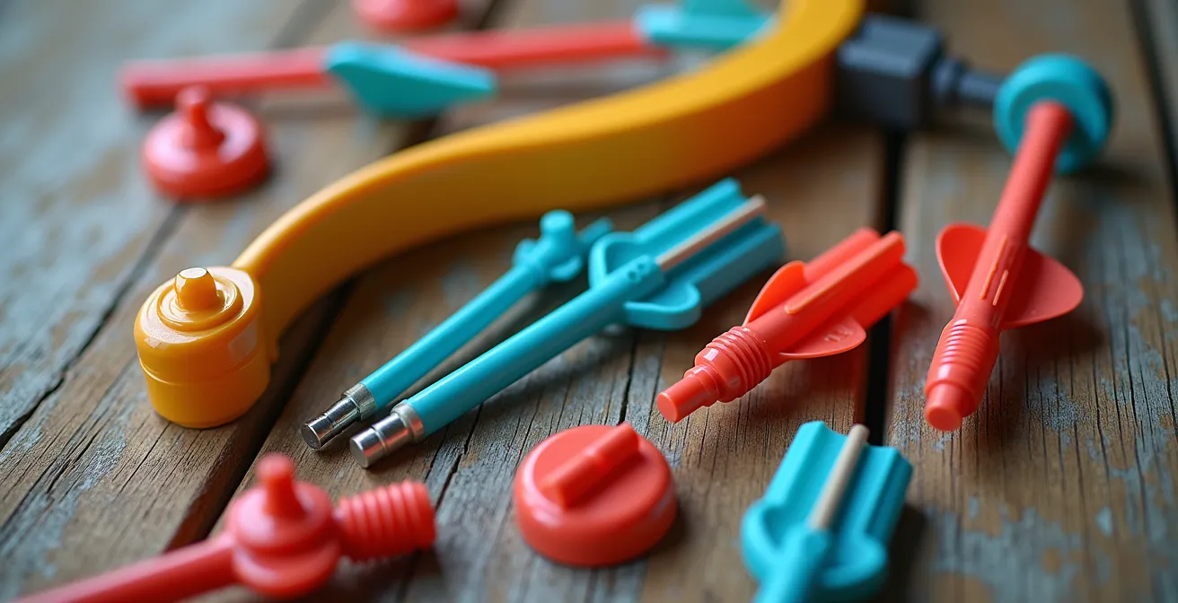 Vue détaillée d'un kit de tir à l'arc pour enfant avec arc coloré, flèches sécurisées et protections