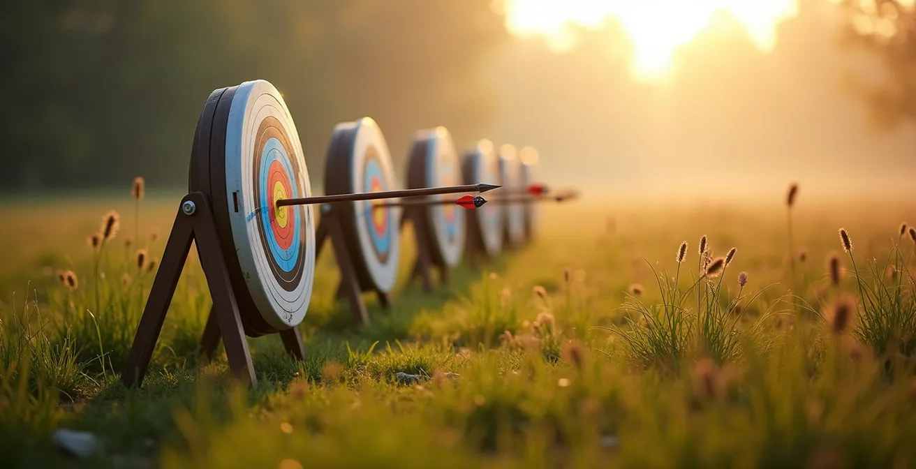Tableau de progression d'un archer avec objectifs SMART visualisés sous forme de cibles à différentes distances.