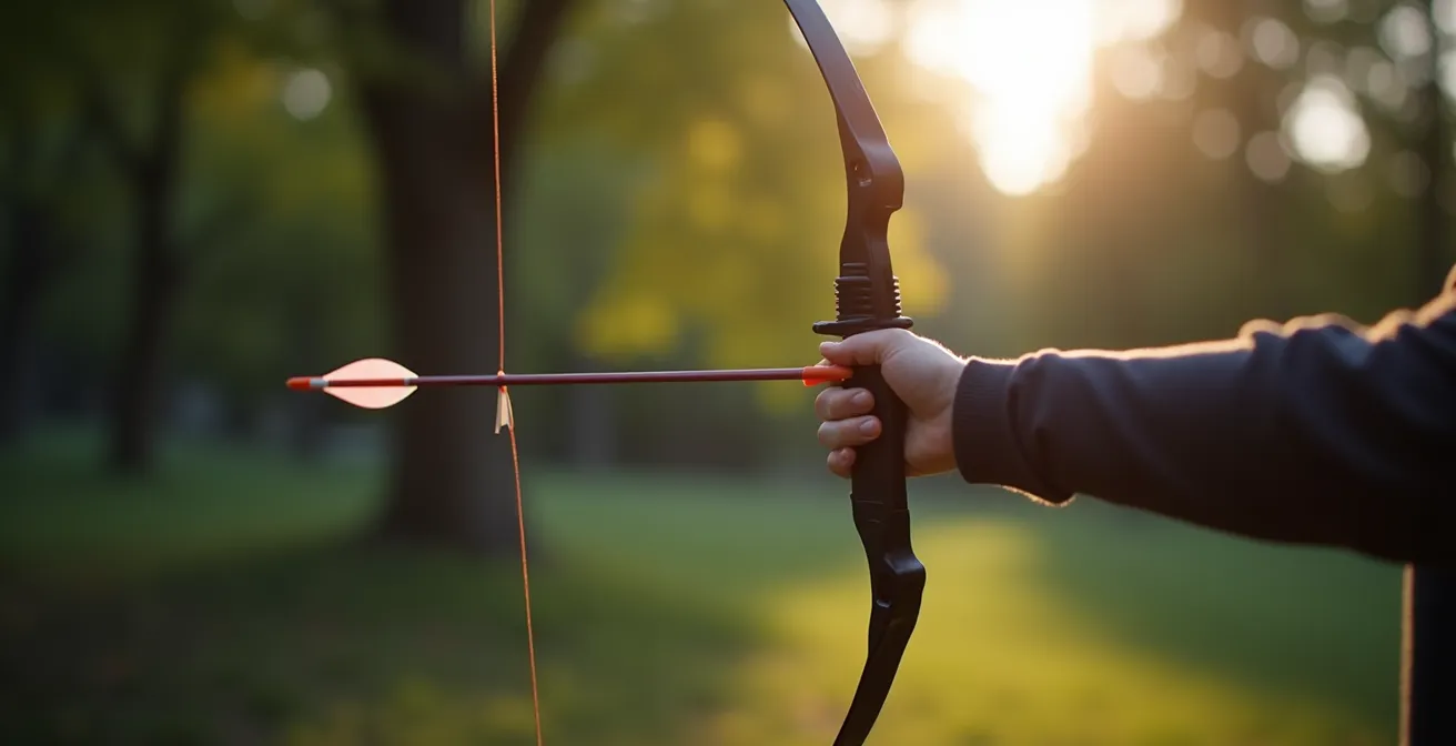 Archer en pleine concentration montrant le paradoxe de l'archer avec un longbow traditionnel