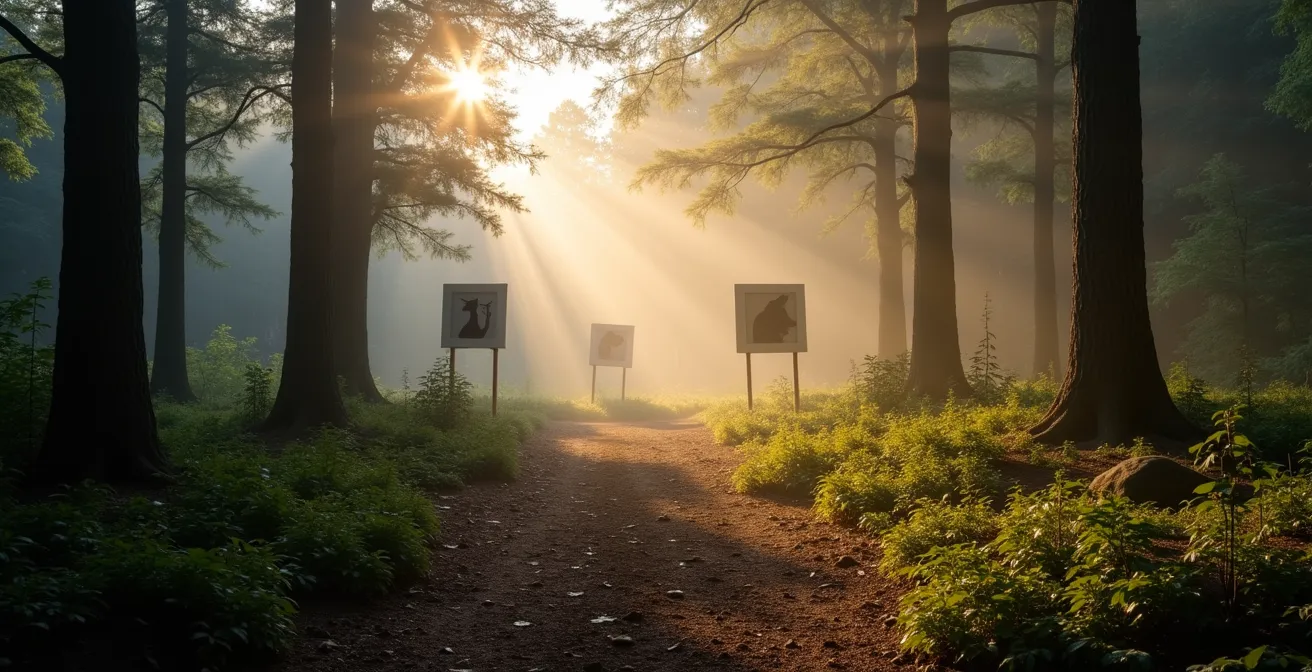 Mini-parcours de tir 3D aménagé dans un jardin boisé avec cibles d'animaux à différentes distances