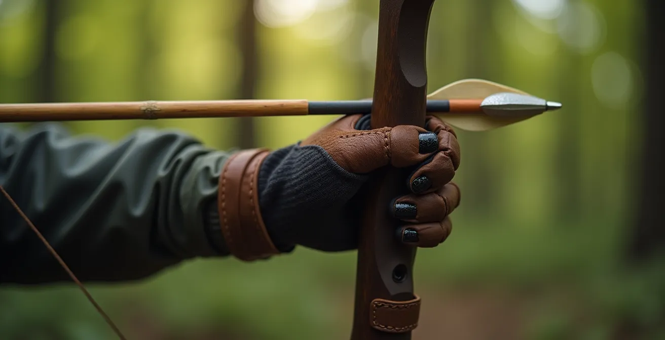 Archer en parcours nature visant une cible 3D en forme d'animal dans un sous-bois